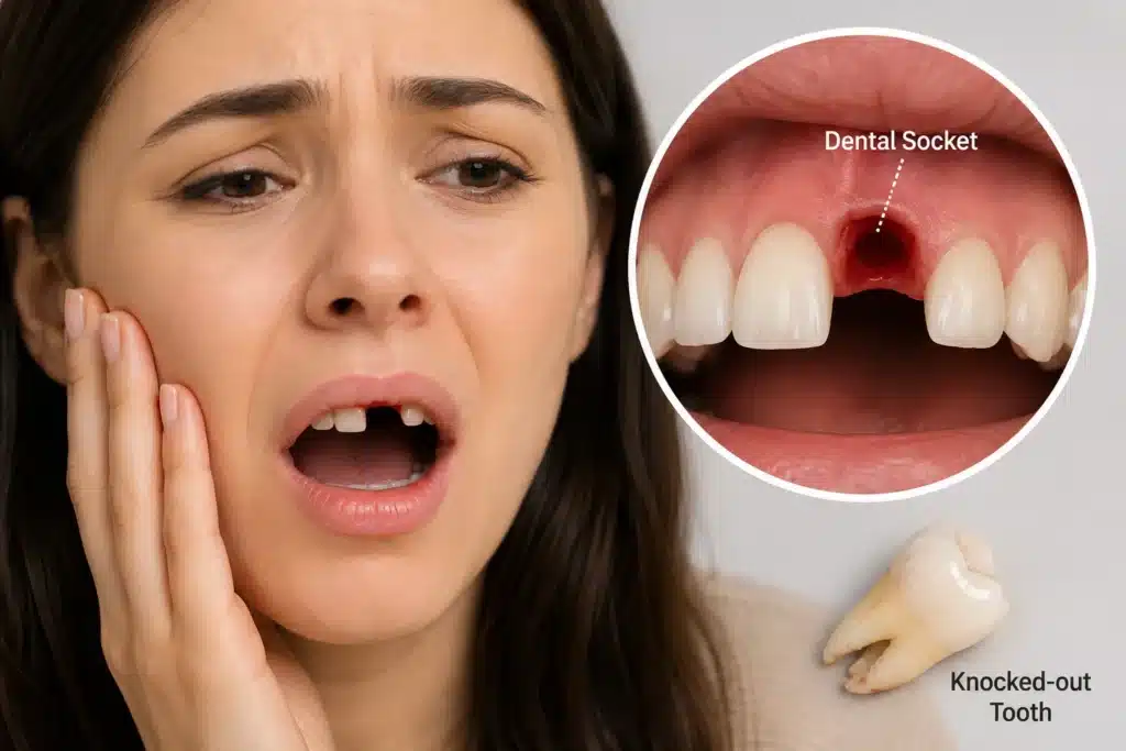 Woman with a knocked out tooth